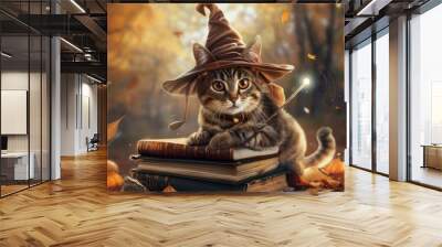 magic cat on top of a book with a wand. halloween concept Wall mural