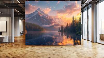 majestic landscape with a large lake and large mountains with green pine trees and a purple sunset in high resolution and quality. beautiful landscapes concept Wall mural