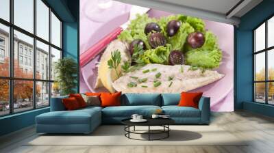 mackerel fillet with salad and slice grapes over lilac table Wall mural