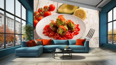 meatballs with fresh tomatoes salad and avocado cream Wall mural