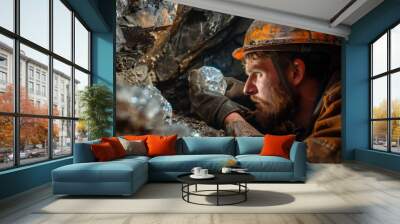 Miner finding a diamond inside a mine cave Wall mural