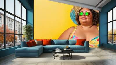 obese woman in vacation clothes on bright yellow background in high resolution and high quality. vacation concept, obesity, summer, heat, beach Wall mural