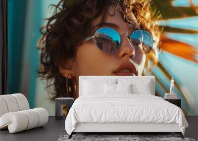 portrait of a beautiful woman with sunglasses on a beach sunset Wall mural