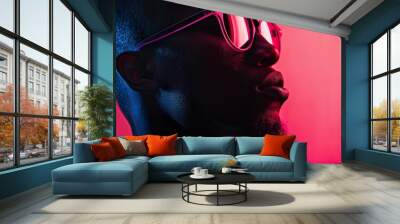 portrait of a man with neon glasses on neon background Wall mural