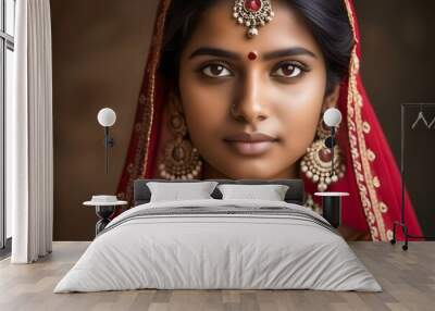 Portrait of beautiful indian girl in traditional Indian costume with kundan jewelry. Wall mural