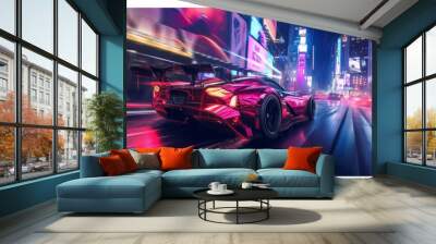 Racing car in a 3D video game with neon lights and speed. real 3d video games concept Wall mural