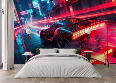 racing car in a 3d video game with neon lights Wall mural