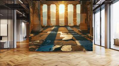 Roman columns of an ancient building in a sunrise Wall mural