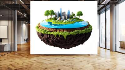 Round soil ground cross-section with earth land and modern city, paradise fantasy floating island with natural on the rock, surreal float landscape. Wall mural