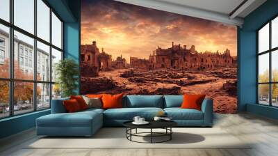 ruined city in the middle of the desert with a beautiful sunset Wall mural