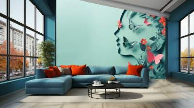 silhouette of a person in profile emerging from butterflies and flowers. world health day concept Wall mural