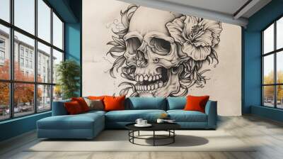 skull tattoo with flowers illustration in black ink Wall mural