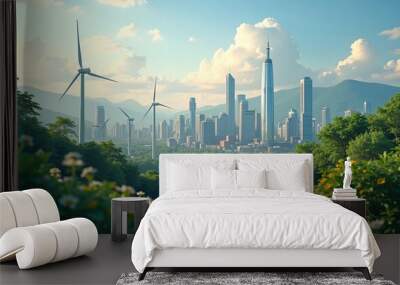 Sustainable city powered by renewable energy, with futuristic artificial intelligence city management. Wall mural