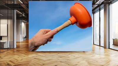 A white man's hand raises an orange plunger towards the blue sky, holding it by the wooden handle Wall mural