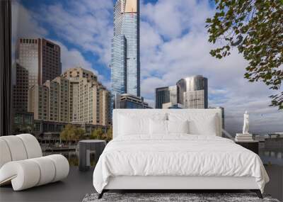 Beautiful view of the city center of Melbourne, Australia, with the Evan Walker Bridge reflected in the waters of the Yarra River Wall mural