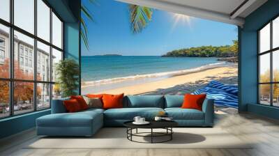 tropical beach wallpaper with a blue towel on the sand Wall mural