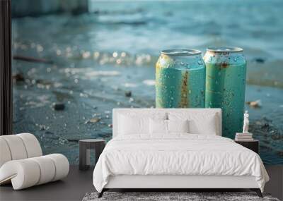 two green cans wallpaper with sparkling water reflections Wall mural