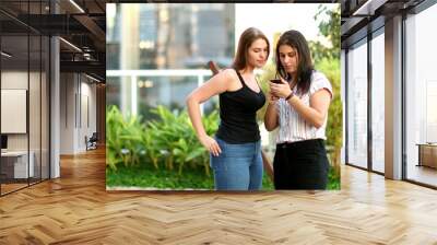 Two young women looking at smartphone device laughing and smiling Wall mural