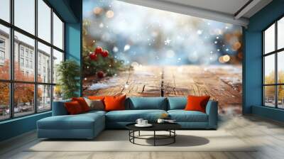 wallpaper snow scenery on a wooden table against a blurred background, adorned with delicate decorations Wall mural