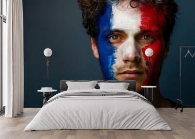 white man with his face painted with the flag of France in a high resolution and high quality study. olympic games concept Wall mural