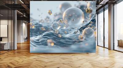 white spheres and gold balls floating in water with waves on a blur background Wall mural