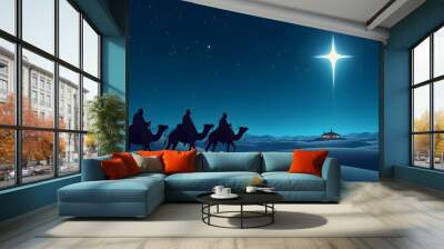 Wise Men Following the Star, Three wise men riding camels in the desert, following a bright star. Silhouette illustration. Wall mural