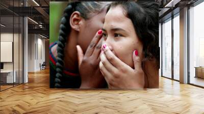 Woman telling secret to friend ear. Friends together sharing gossip Wall mural