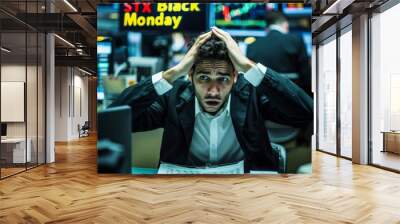 Worried man looking at his screen in his stock exchange office. black monday concept, fall in values Wall mural