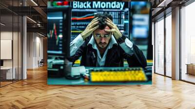 Worried man looking at his screen in his stock exchange office. black monday concept, fall in values Wall mural