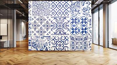 Blue arabesque ceramic floor and wall tiles with flower patterns and different design Wall mural