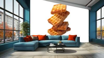 Pile of four waffles flying on a trasparent background Wall mural