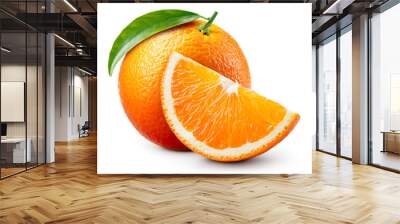 Orange fruit isolate. Orange citrus with leaf on white background. Whole orange fruit with slice. Full depth of field. Wall mural