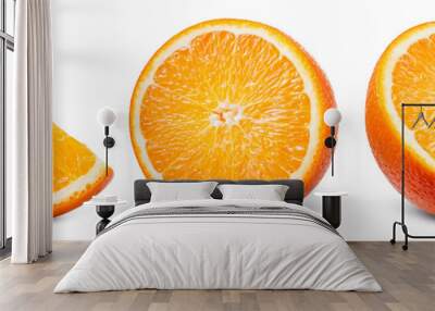 Orange slice isolate. Orange fruit half and slice set on white background. With clipping path. Full depth of field. Wall mural