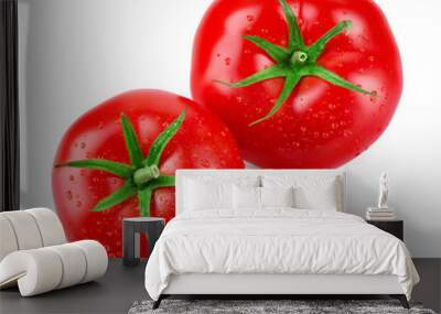 Tomatoes isolated on white. Tomato with drops. Top view. Wall mural