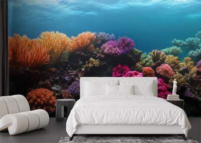 background that captures the vibrant colours and natural textures of a coral reef, showcasing a variety of coral formations in bright reds, pinks, and purples for an exotic, underwater feel Wall mural