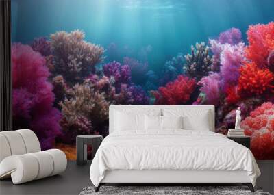 background that captures the vibrant colours and natural textures of a coral reef, showcasing a variety of coral formations in bright reds, pinks, and purples for an exotic, underwater feel Wall mural