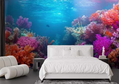 background that captures the vibrant colours and natural textures of a coral reef, showcasing a variety of coral formations in bright reds, pinks, and purples for an exotic, underwater feel Wall mural