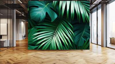 background that showcases the dense arrangement of palm fronds, capturing their vibrant green color and organic texture for a fresh, tropical vibe Wall mural