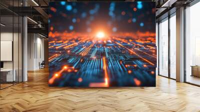 Circuit board landscape stretching infinitely with glowing pathways. Wall mural