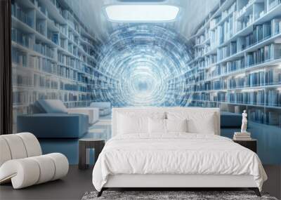 Futuristic library, where AI organizes and presents information as glowing holograms Wall mural