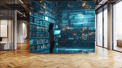 Futuristic library, where AI organizes and presents information as glowing holograms Wall mural