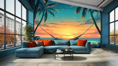 hammock on the beach at sunset with palm trees Wall mural