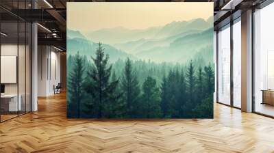 panorama landscape of forest in the mountains with fog Wall mural