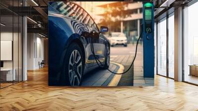 Electric Energy Innovation: EV Charging Station Connected to Renewable Power, Demonstrating the Eco-Friendly Vision of Green Technology and Sustainable Transportation Wall mural