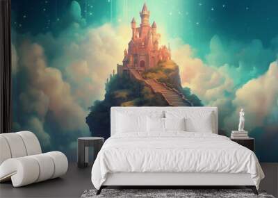 Enchanted Floating Castle, Magical Staircase, Vibrant Sky, generative AI
 Wall mural