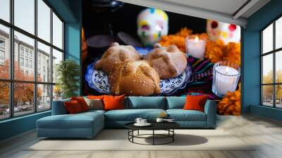 Mexican bread on Altar with sugar skull and hot chocolate traditional food for Celebration of Mexico's Day of the Dead Wall mural