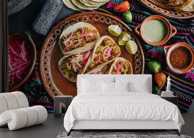 mexican cochinita pibil tacos with habanero sauce traditional food in Yucatan Mexico Wall mural