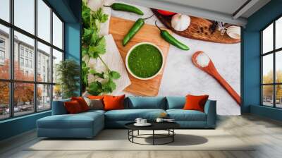 Mexican green Sauce hot chili, spicy food and ingredients in Mexico Wall mural