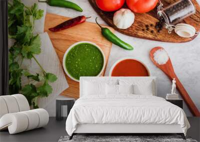 Mexican Salsas red and green sauce, spicy hot chili food and ingredients in Mexico Wall mural