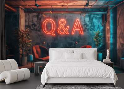 Modern room with neon sign with the letters Q and A, set for interviews broadcasting or blogging for filming or recording platform channel. Interior space for questions and answers Wall mural